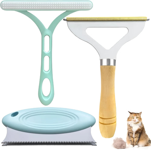 Three-piece pet hair remover set showing a metal lint shaver, a silicone brush, and a round plastic scraper.