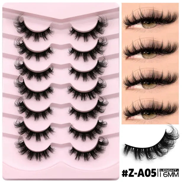 Six styles of artificial fibre false eyelashes with adhesive for natural long, thick volume