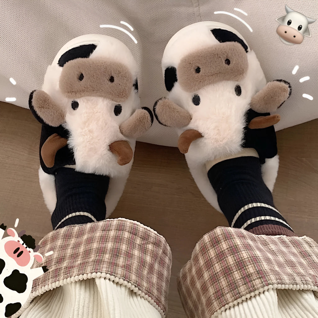 White cartoon cow plush slippers for women with non-slip textured PVC soles