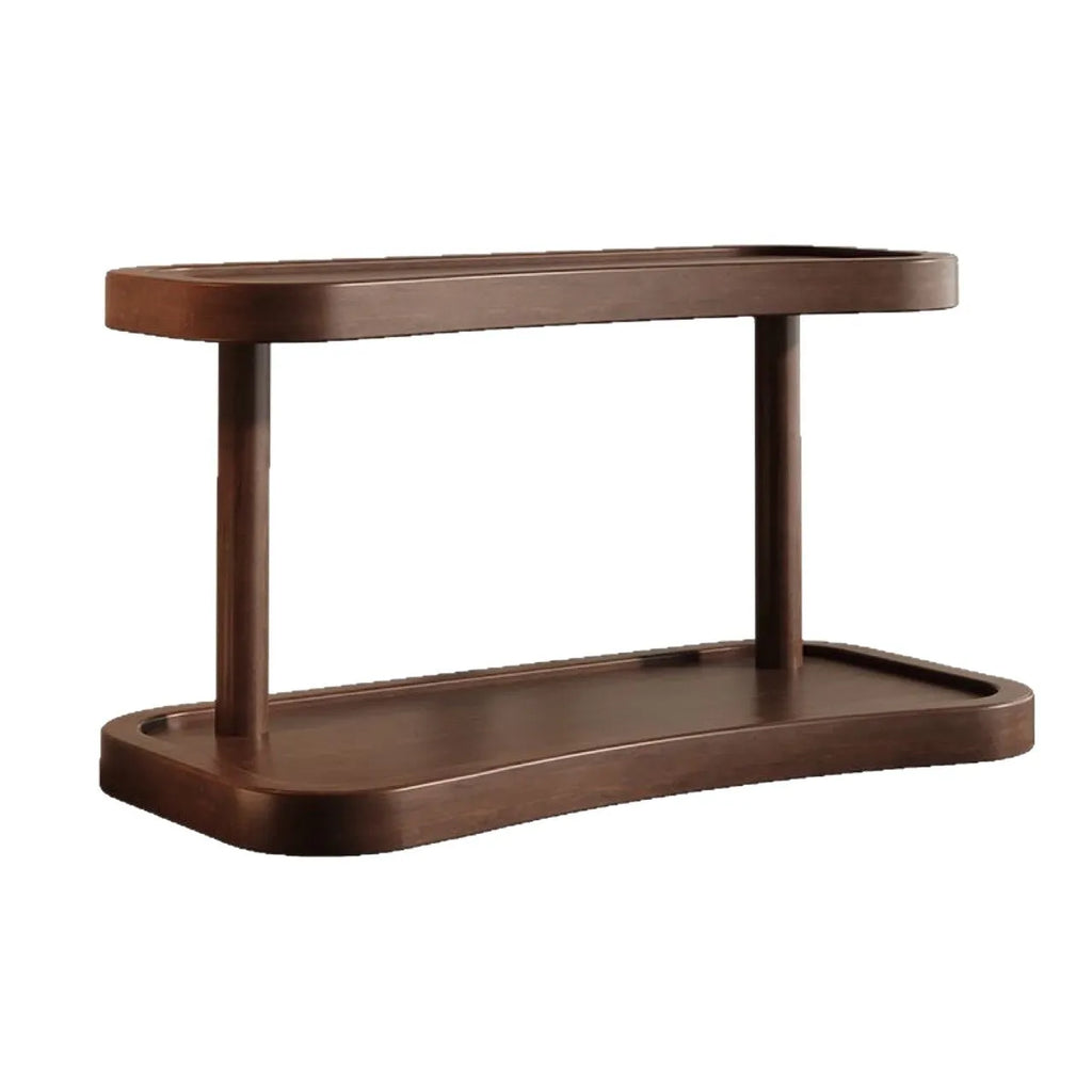 Full bamboo two-layer cup storage rack on a table top with cups organised