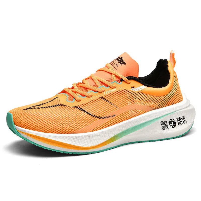 Unisex breathable shockproof running shoes in orange and white with striped pattern and rubber sole