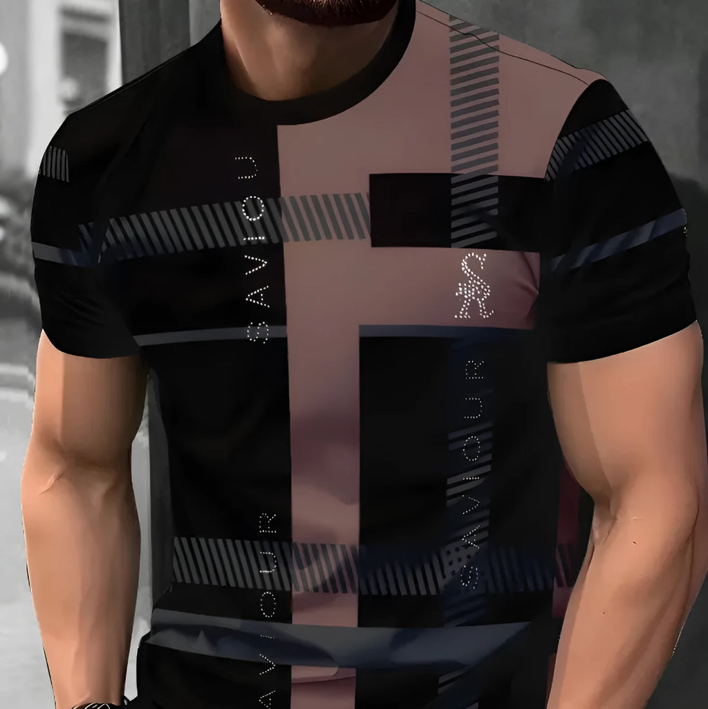 Men's loose fit short-sleeve T-shirt with digital 3D printed stripe patterns
