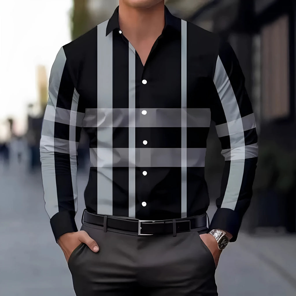 Man wearing a striped long sleeve shirt with a button lapel, shown in one of four colour options.