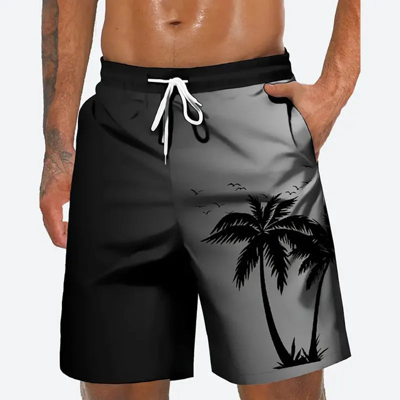 Man wearing loose light blue polyester beach pants on shore