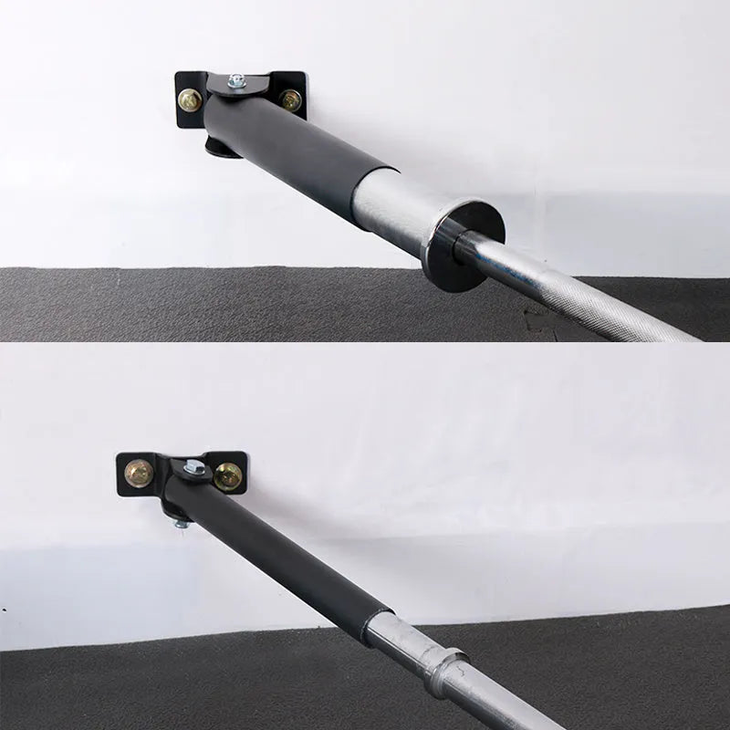 Steel wall barbell rack holding multiple bars, showing 25 tube capacity.