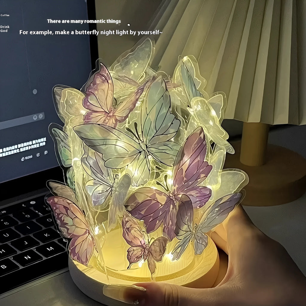 Butterfly night lamp with glass lampshade and raw wood base measuring 12x15cm