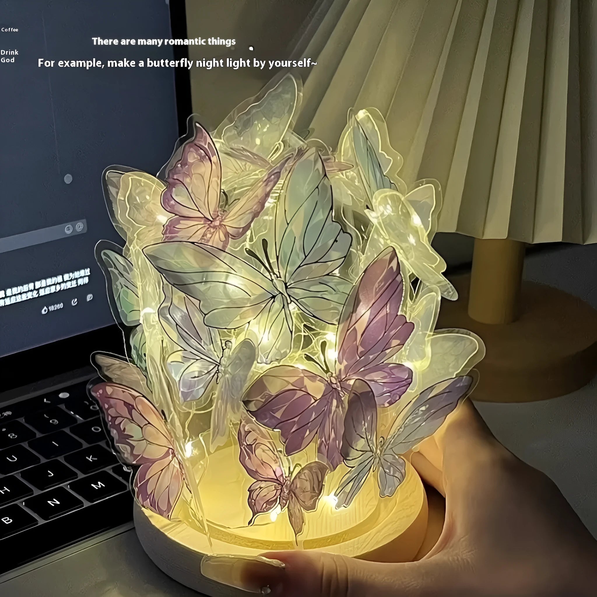 Butterfly night lamp with glass lampshade and raw wood base measuring 12x15cm