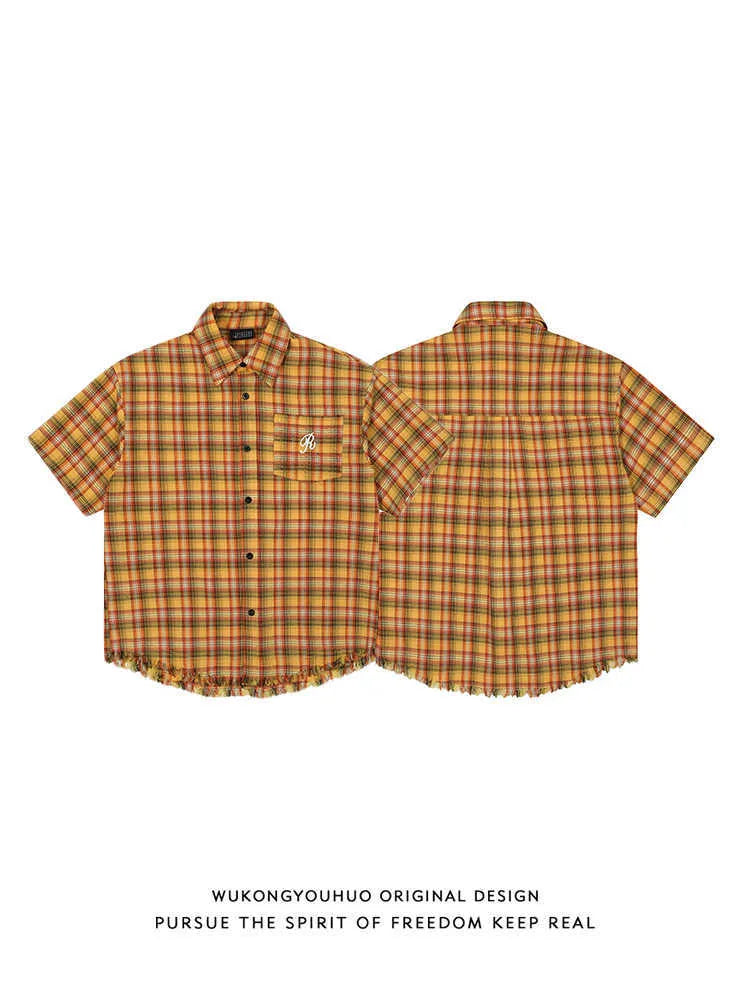 Yellow plaid short sleeve shirt with embroidery on chest pocket, loose fit design