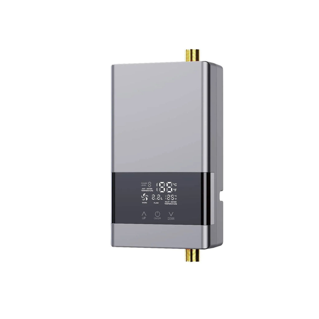 Small constant temperature instant water heater with LED touch screen, shown in gold, silver, or white.