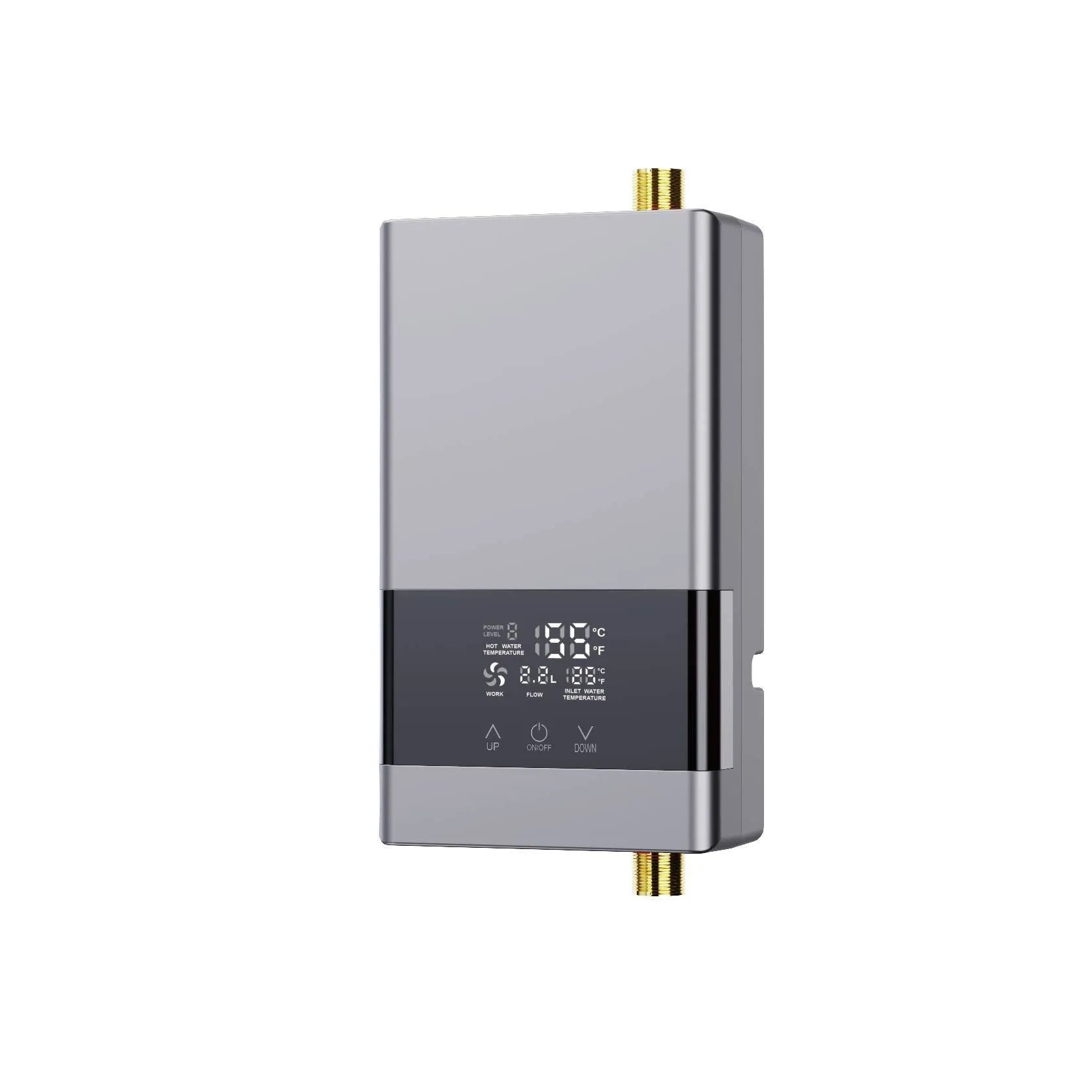 Small constant temperature instant water heater with LED touch screen, shown in gold, silver, or white.