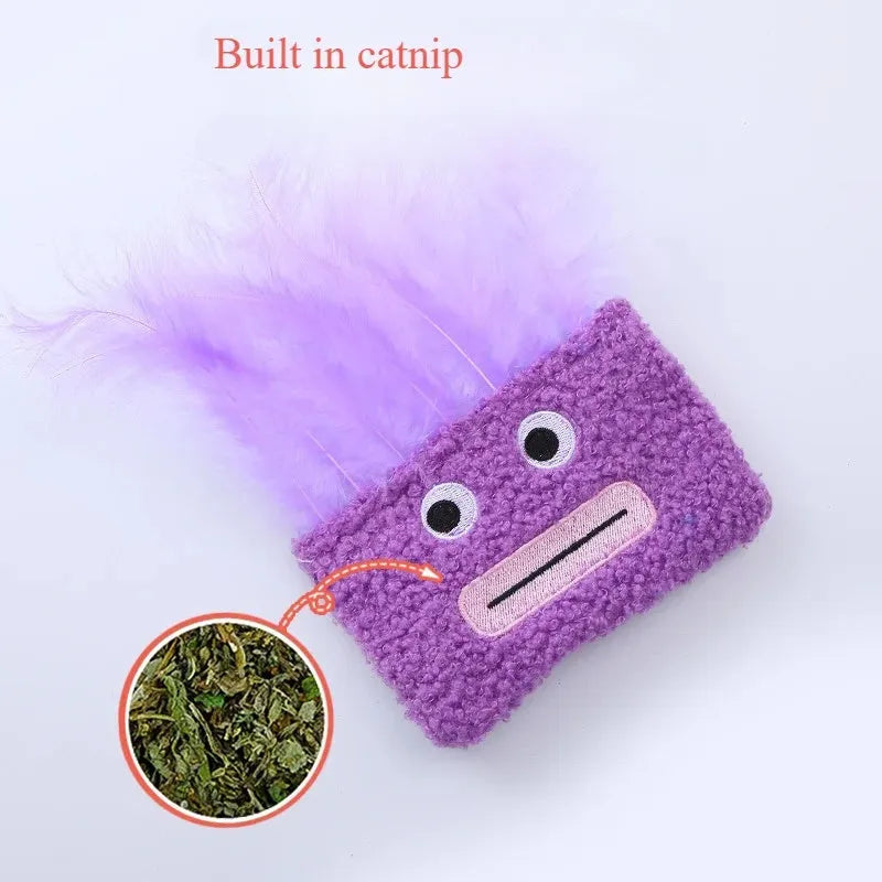 Catnip plush toy with big mouth explosion head shape in blue, green, orange, or purple colours
