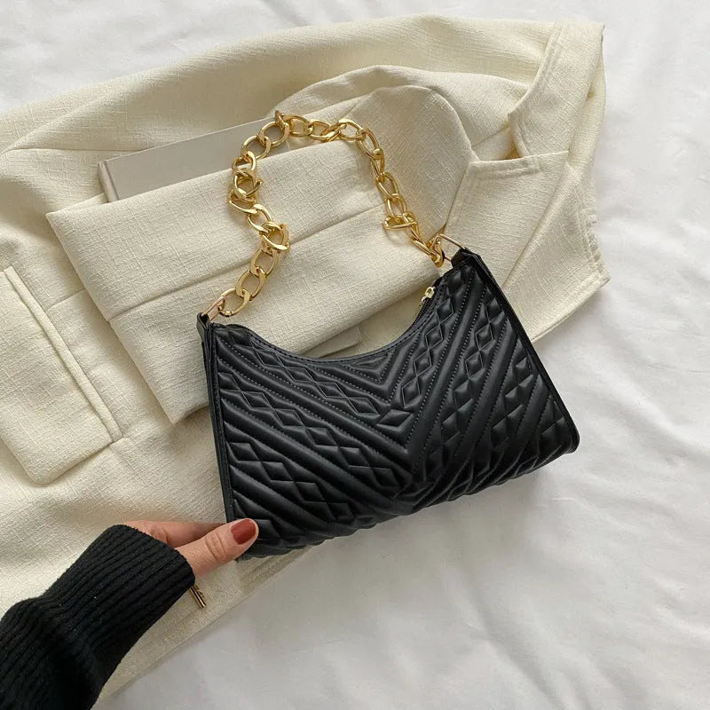 PU leather pleated chain baguette shoulder bag in vertical square shape with soft surface texture