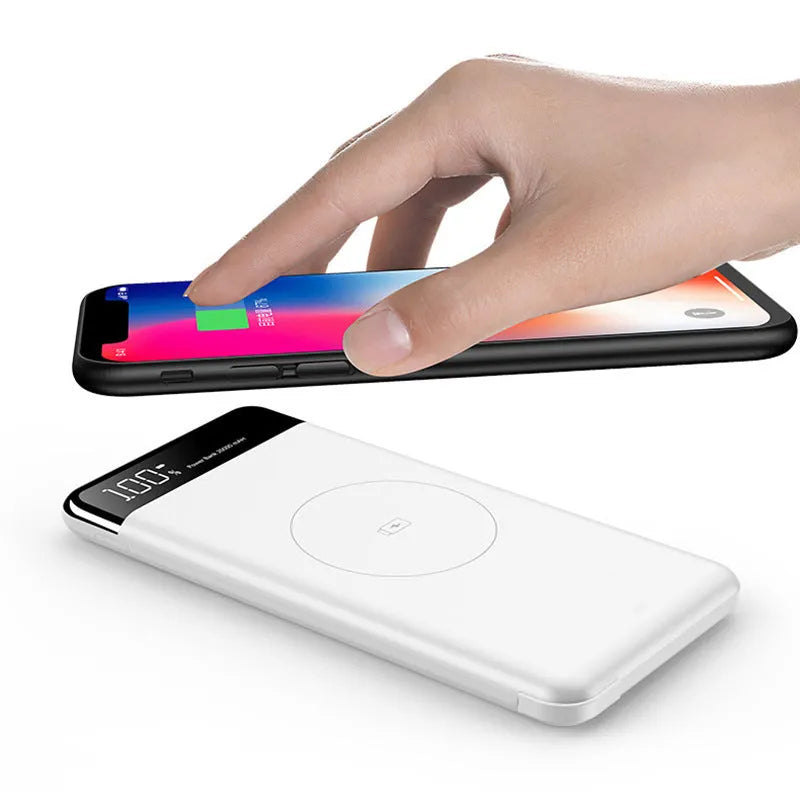 10000mAh wireless power bank with digital display and built-in cable in black