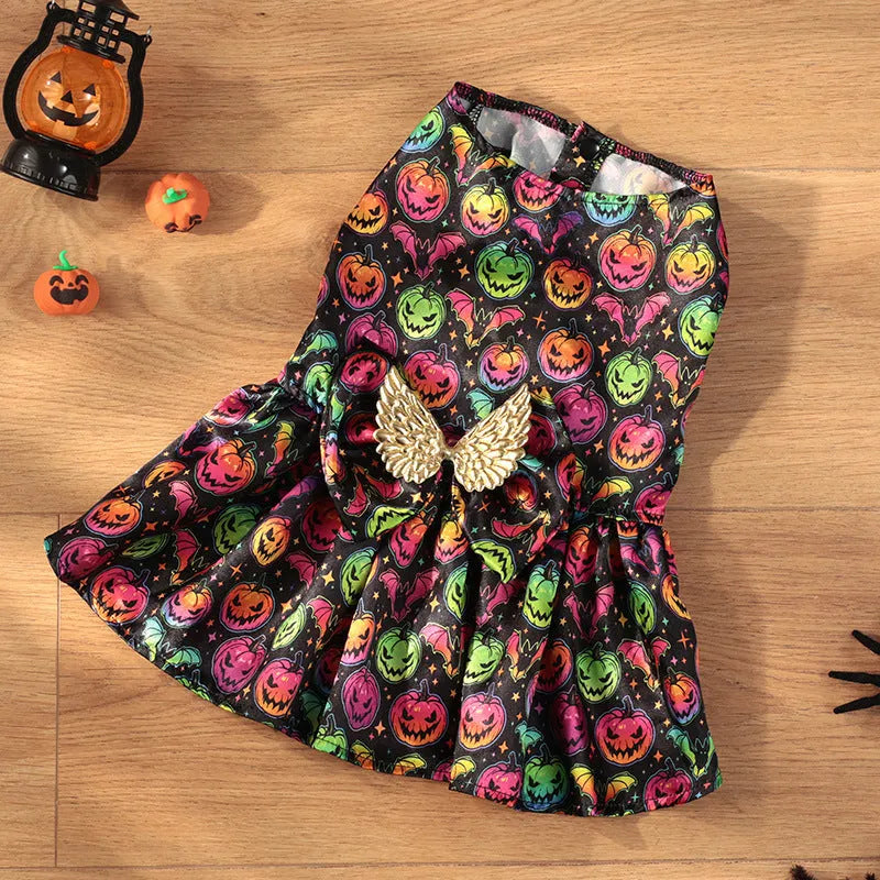Angel wings Halloween dog costume in bright pumpkin or bat design on dog model