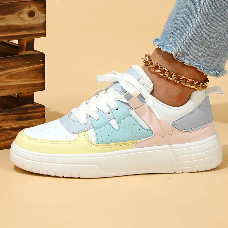 White and yellow moon platform sneakers with PU mesh upper and mid heel 3-5cm