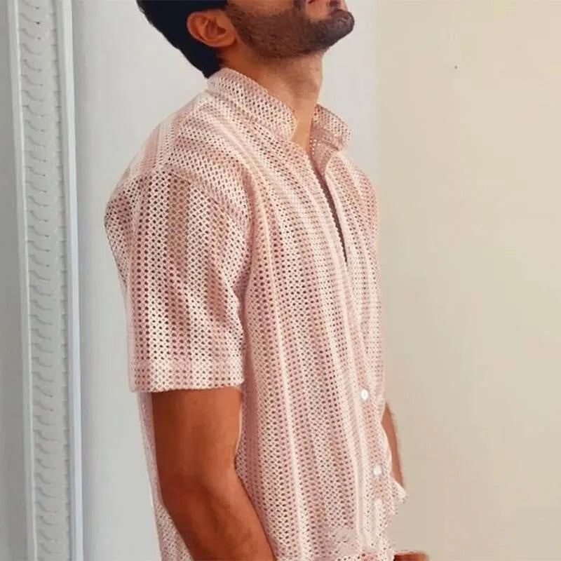 Pink loose fitting men's summer cardigan shirt with waffle cool fabric short sleeves