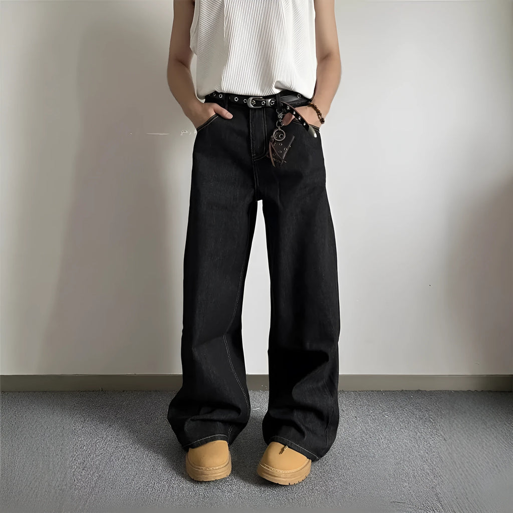 Black loose fit wide-leg jeans with straight-leg cut and retro styling