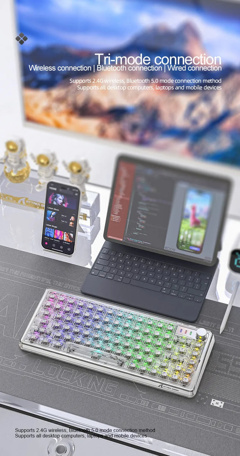 Attack Shark K75RGB wireless mechanical keyboard with transparent white case and RGB backlighting on a desk.