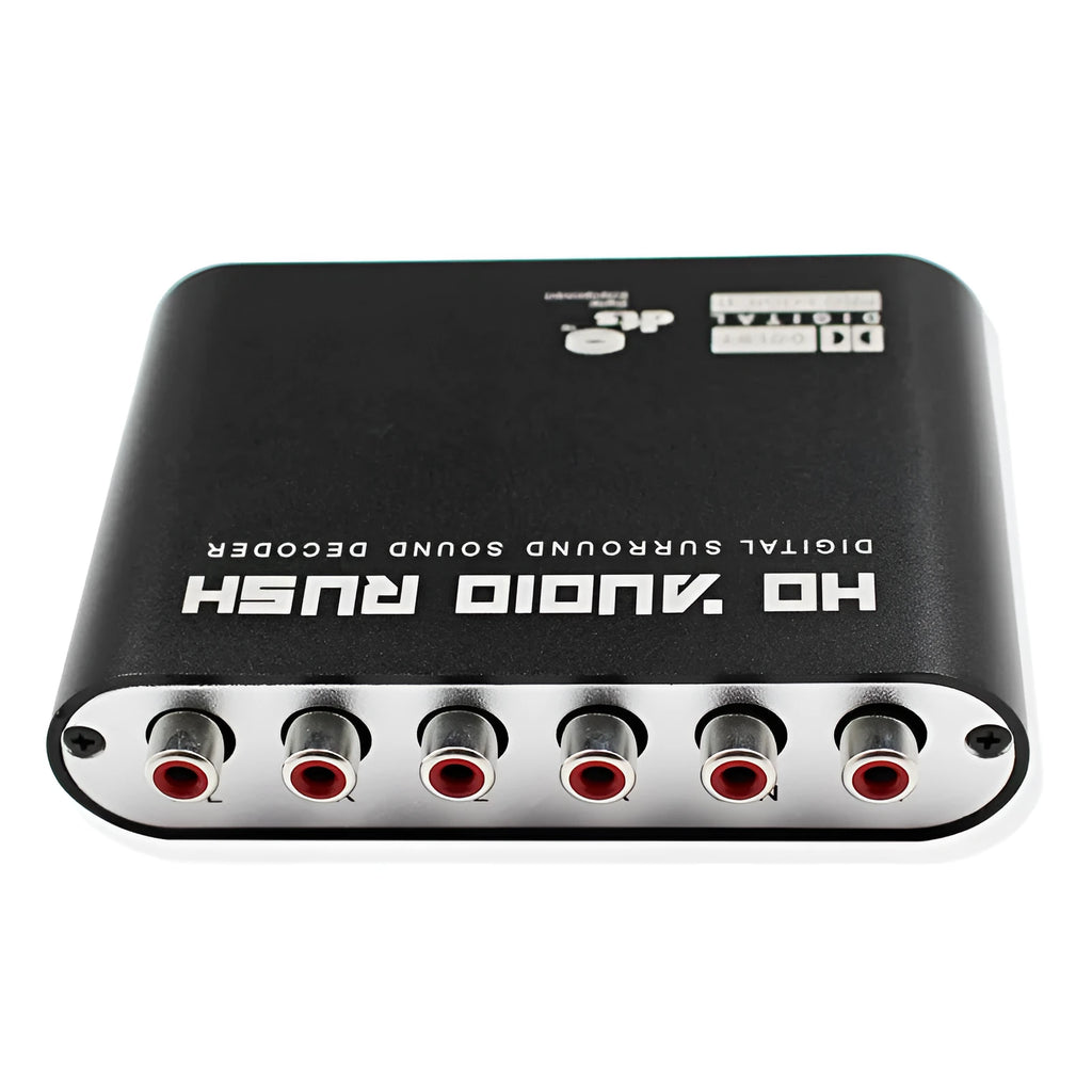 Black DTS Dolby Digital audio decoder with optical and coaxial inputs on a compact chassis.