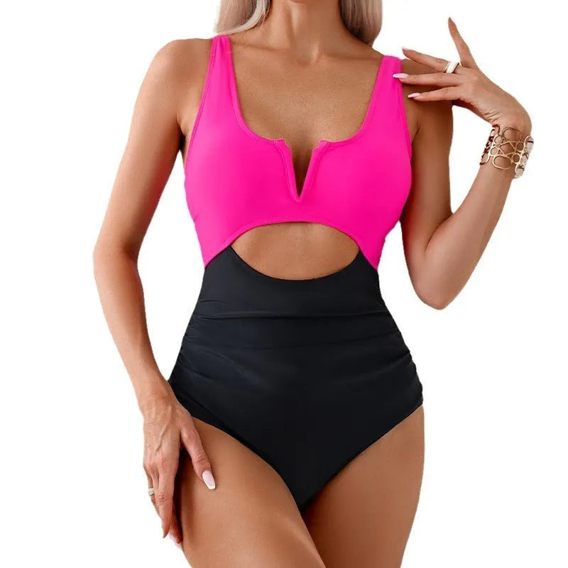 Women's contrast colour block one-piece swimsuit in nylon fabric available in four colours