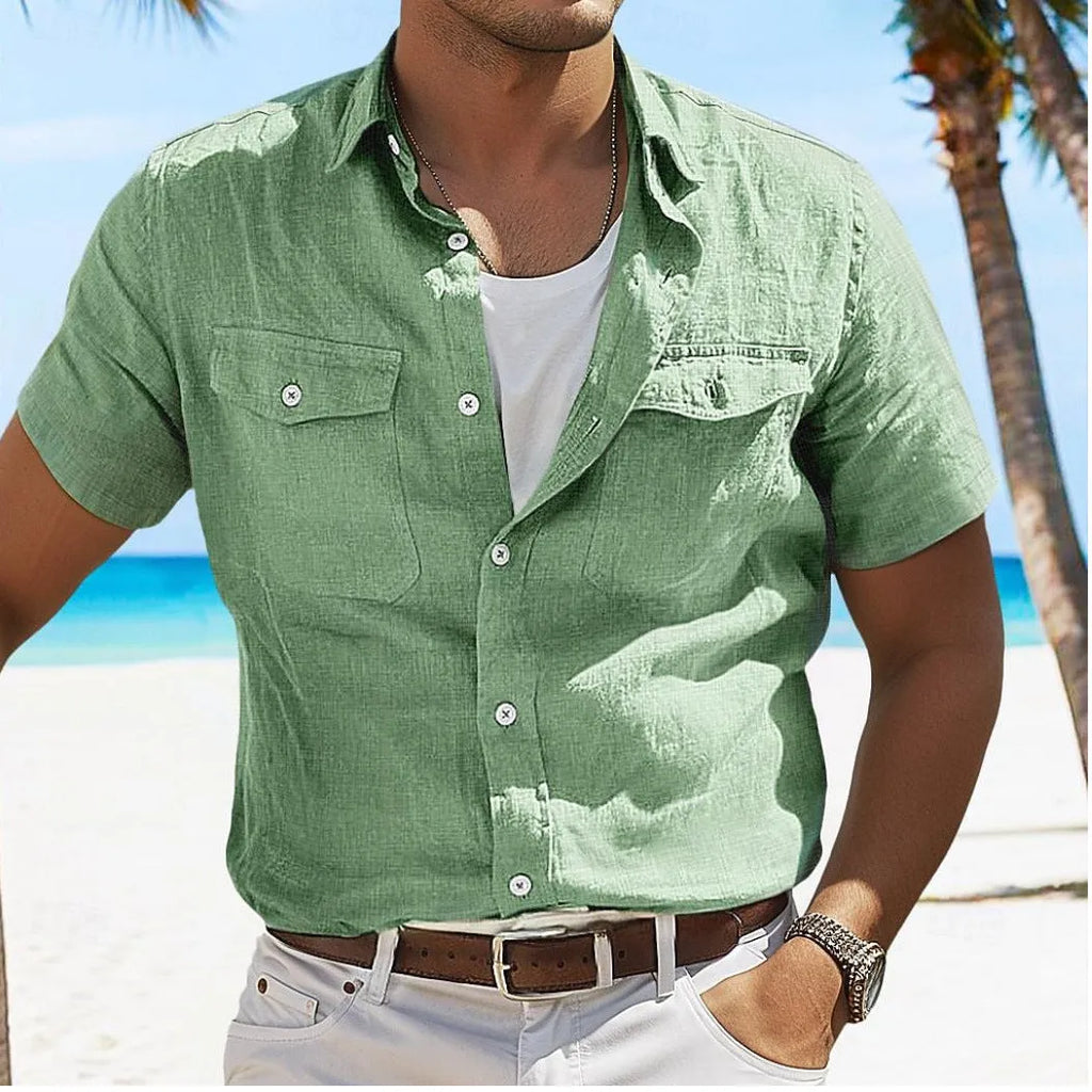 Men's loose-fitting grey cotton shirt with polo collar and long sleeves for casual summer wear.
