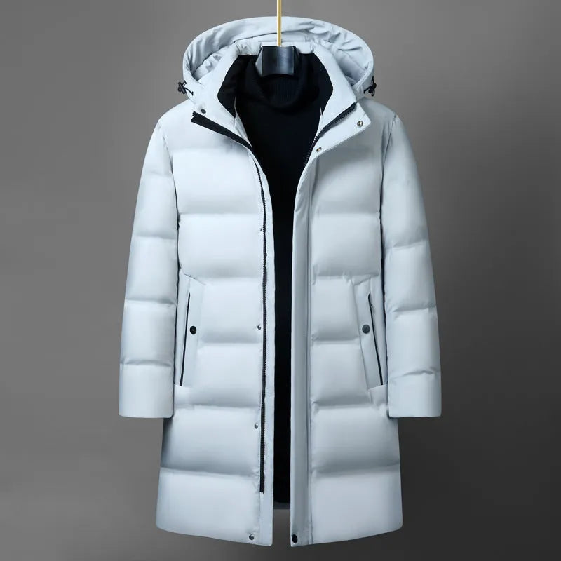 Men's solid colour thick mid-length polyester down jacket coat in black