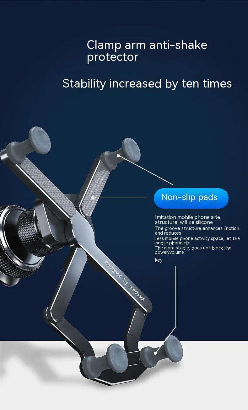 Aluminium alloy car mobile phone holder showing both knob air vent mount and adhesive dashboard mount versions in black, silver, and grey colours
