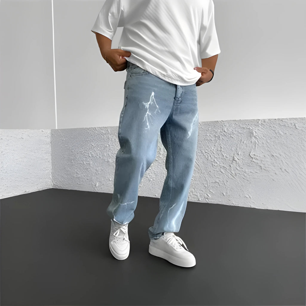 Men's straight-leg denim trousers in loose wide-leg fit with solid colour print and zipper fly
