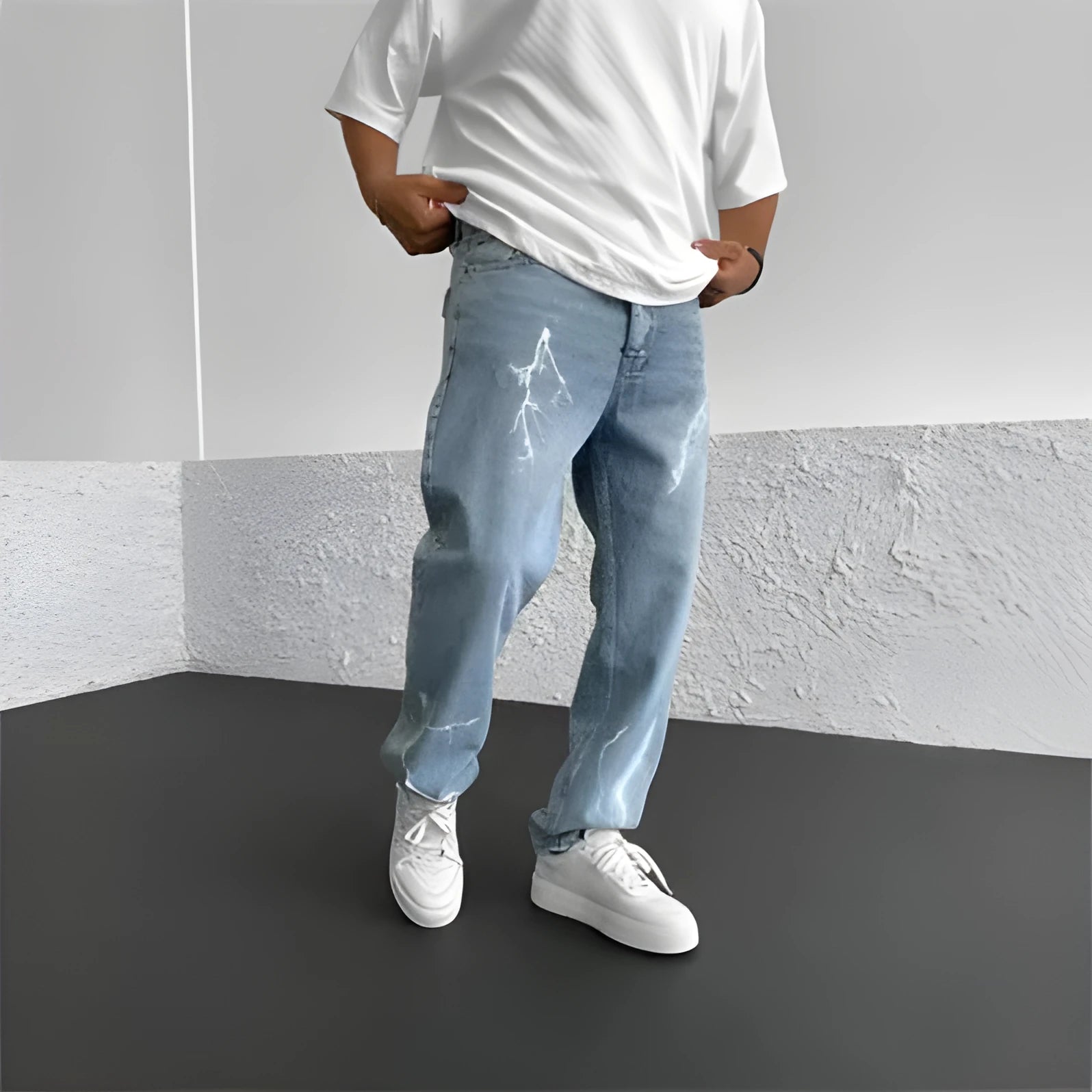 Men's straight-leg denim trousers in loose wide-leg fit with solid colour print and zipper fly
