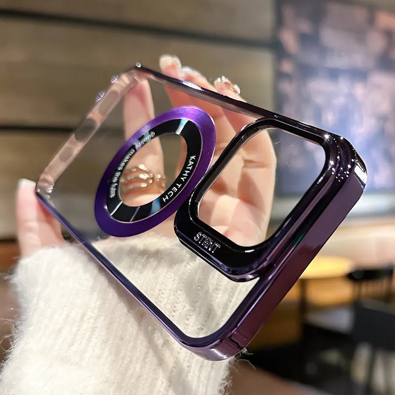iPhone magnetic leakage label mobile phone case in PC electroplated construction showing heat dissipation and protective features