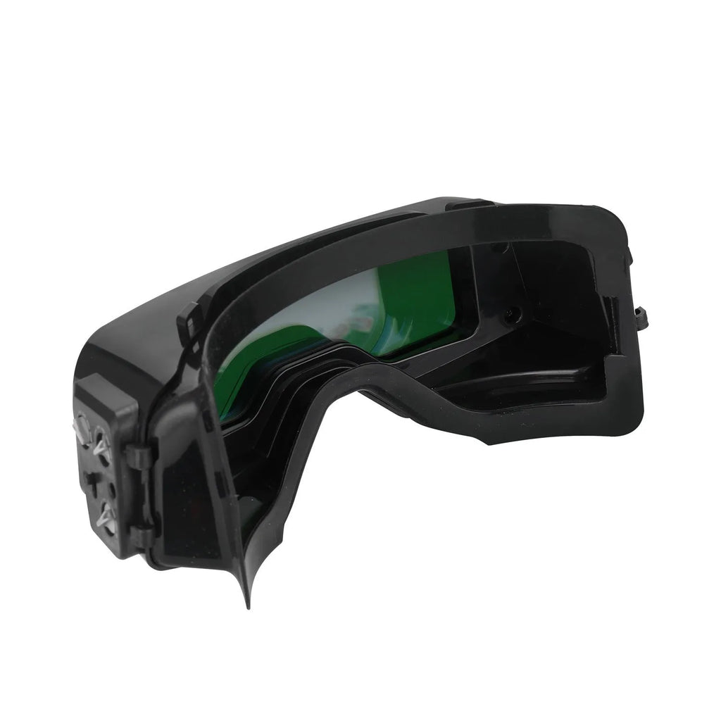 Black automatic darkening welding mask with protective headwear, showing the large rectangular viewing lens.