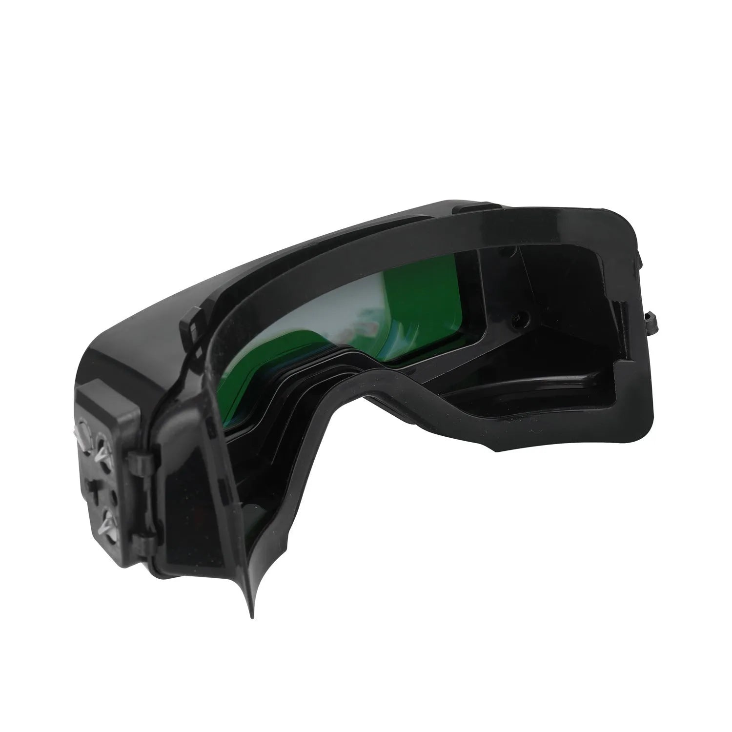 Black automatic darkening welding mask with protective headwear, showing the large rectangular viewing lens.
