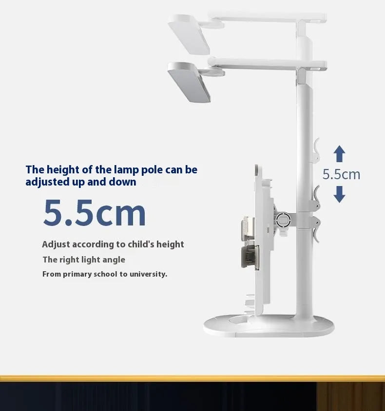 A white adjustable table lamp with a bookshelf design, shown on a desk, highlighting its dual-power and colour temperature features.