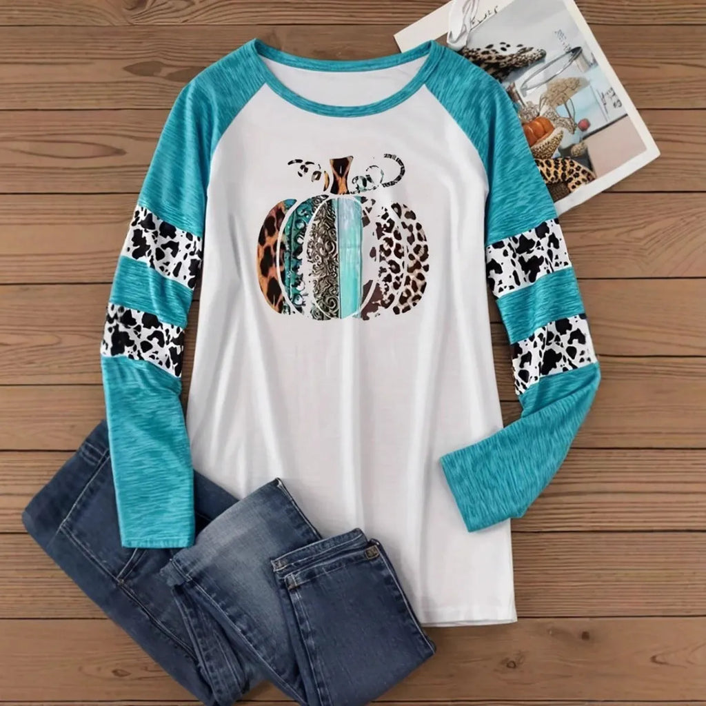 Sky blue Halloween T-shirt with 3D pumpkin digital printing and long sleeves
