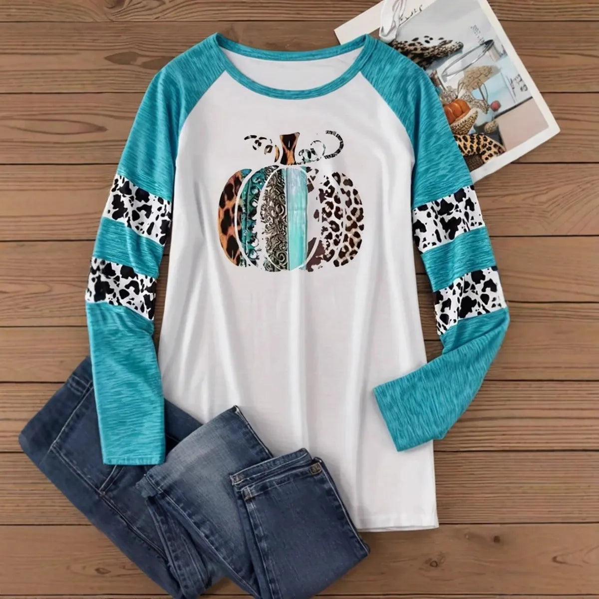 Sky blue Halloween T-shirt with 3D pumpkin digital printing and long sleeves
