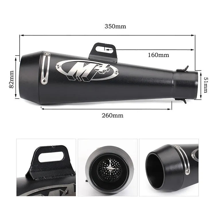 Universal M4 motorcycle exhaust pipe in black, titanium, blue, or white steel finish for large displacement bikes.
