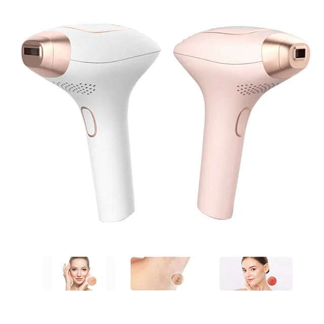 Pink and white three-in-one laser hair removal device with integrated shaver and charging cable