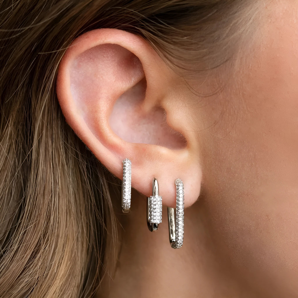 Three geometric square ear clips with inlaid zircon stones in gold and white colour options