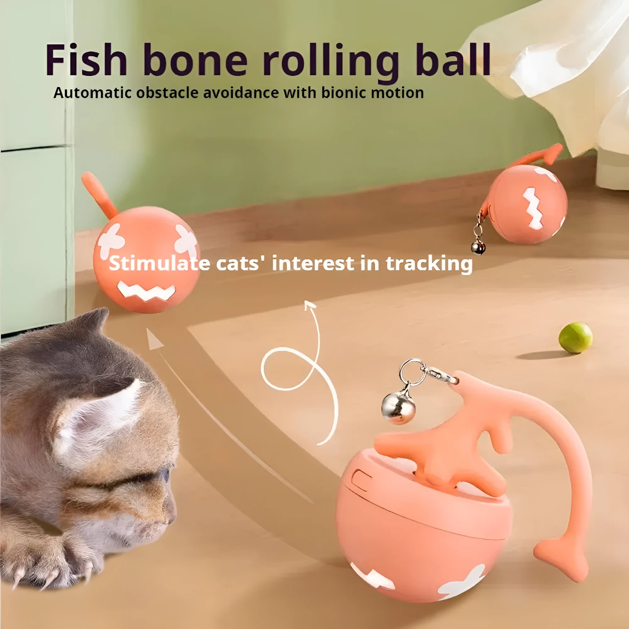 USB electric cat teasing ball with fish bone design and detachable teasing stick in blue, pink and yellow colours