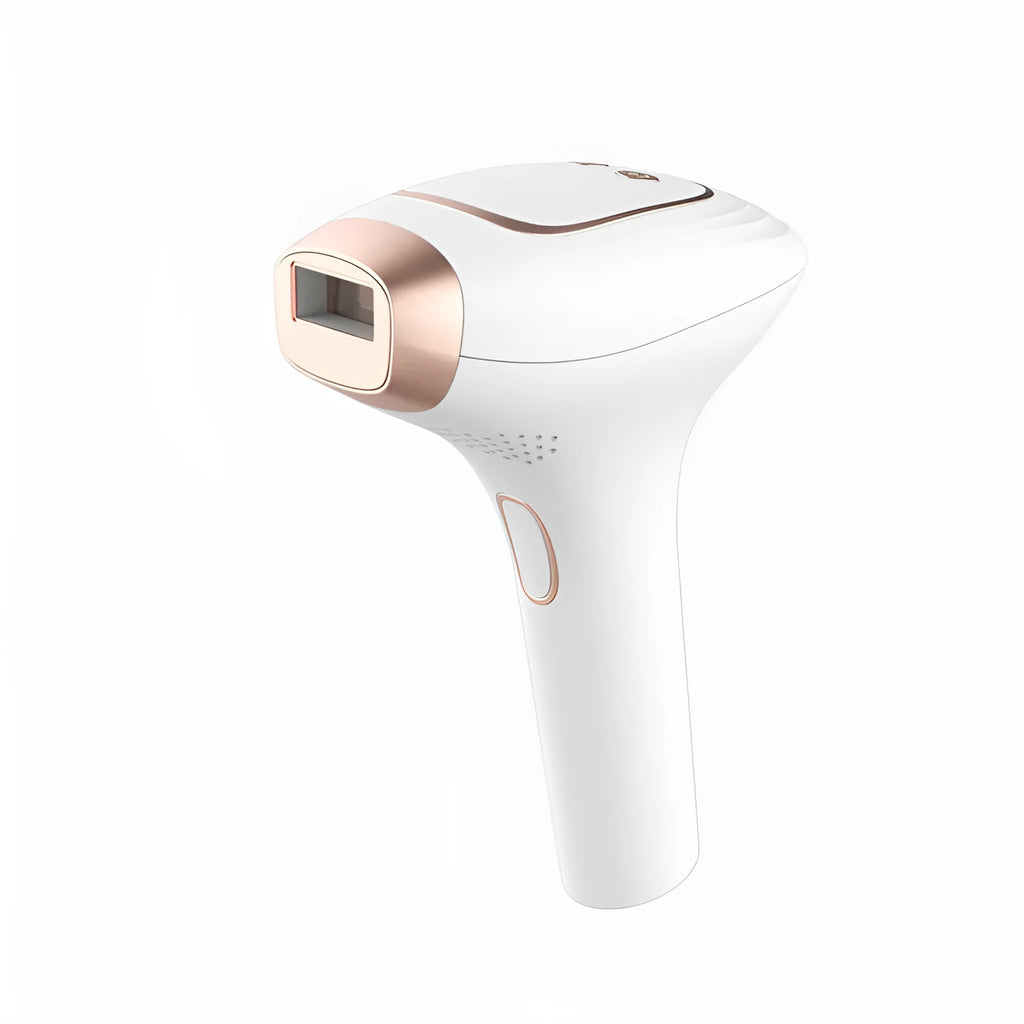 Pink and white three-in-one laser hair removal device with integrated shaver and charging cable