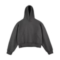 Short silver fox velvet hooded sweater in dark grey on a hanger, showing removable hood and long sleeves.