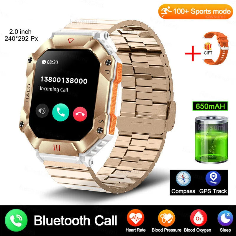 Android smart watch with titanium case on wrist, showing black camouflage strap option and display.