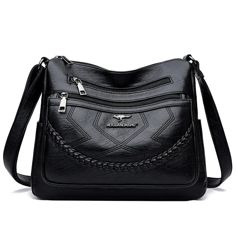 Soft PU leather women's crossbody shoulder bag in horizontal square shape with zippered pockets
