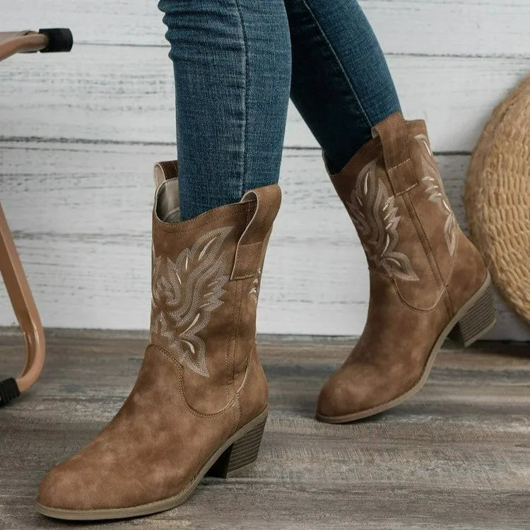 V cut embroidered suede women's boots in camel colour with mid heel and pointed toe