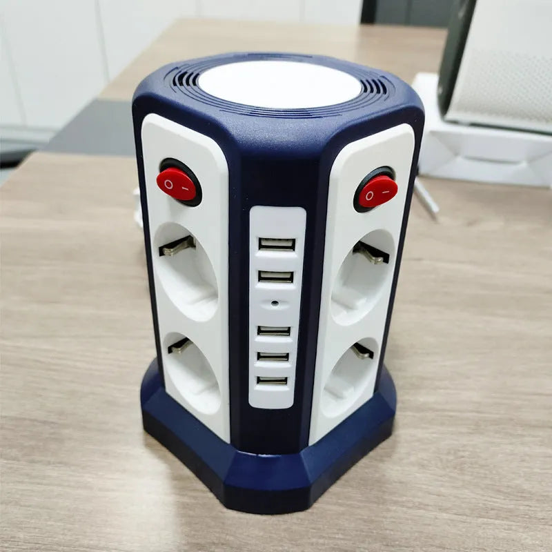 Desktop vertical power strip with 8 socket holes and 4 USB ports in black European standard design
