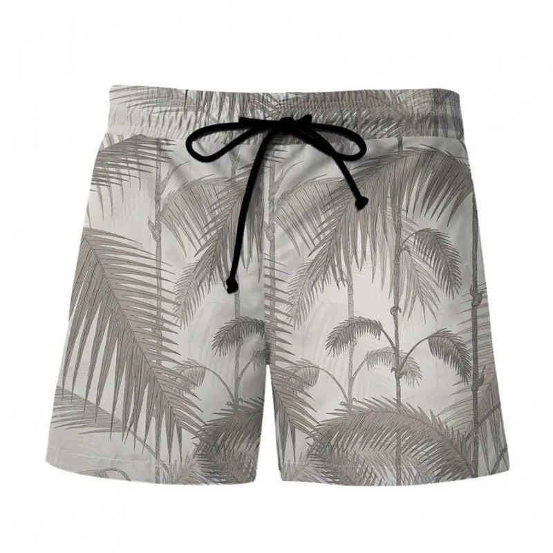 Men's 3D digital printing beach shorts with Hawaiian pattern, polyester fabric, micro-elastic waist