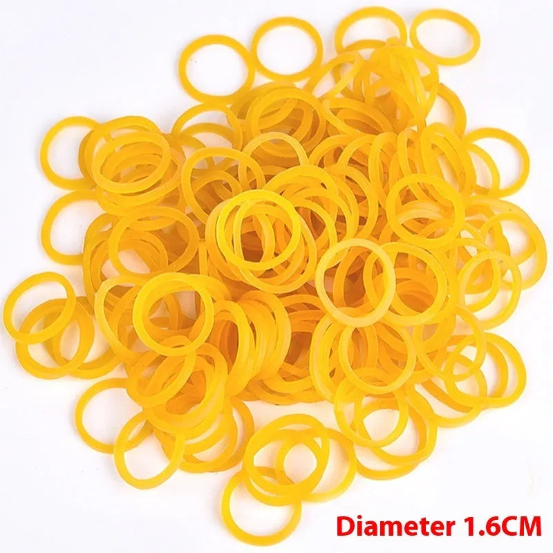 500g bulk pack of assorted yellow rubber bands in sizes from 16mm to 70mm diameter.