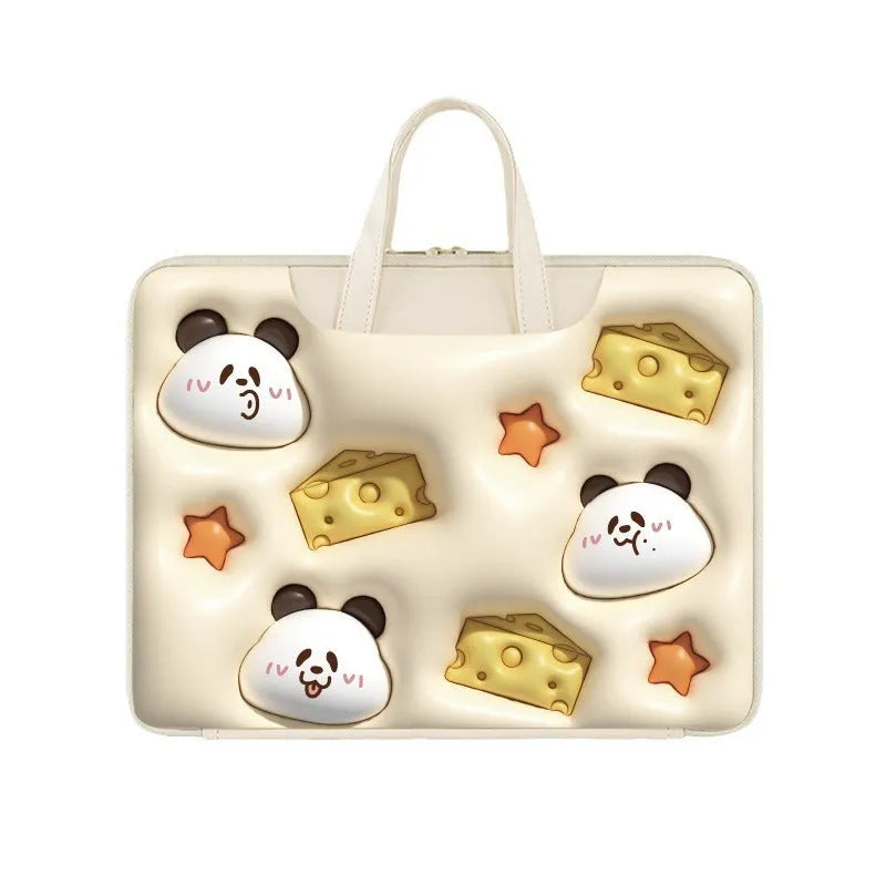 PU leather inflatable laptop bag with cartoon print, shown hanging from a suitcase handle.