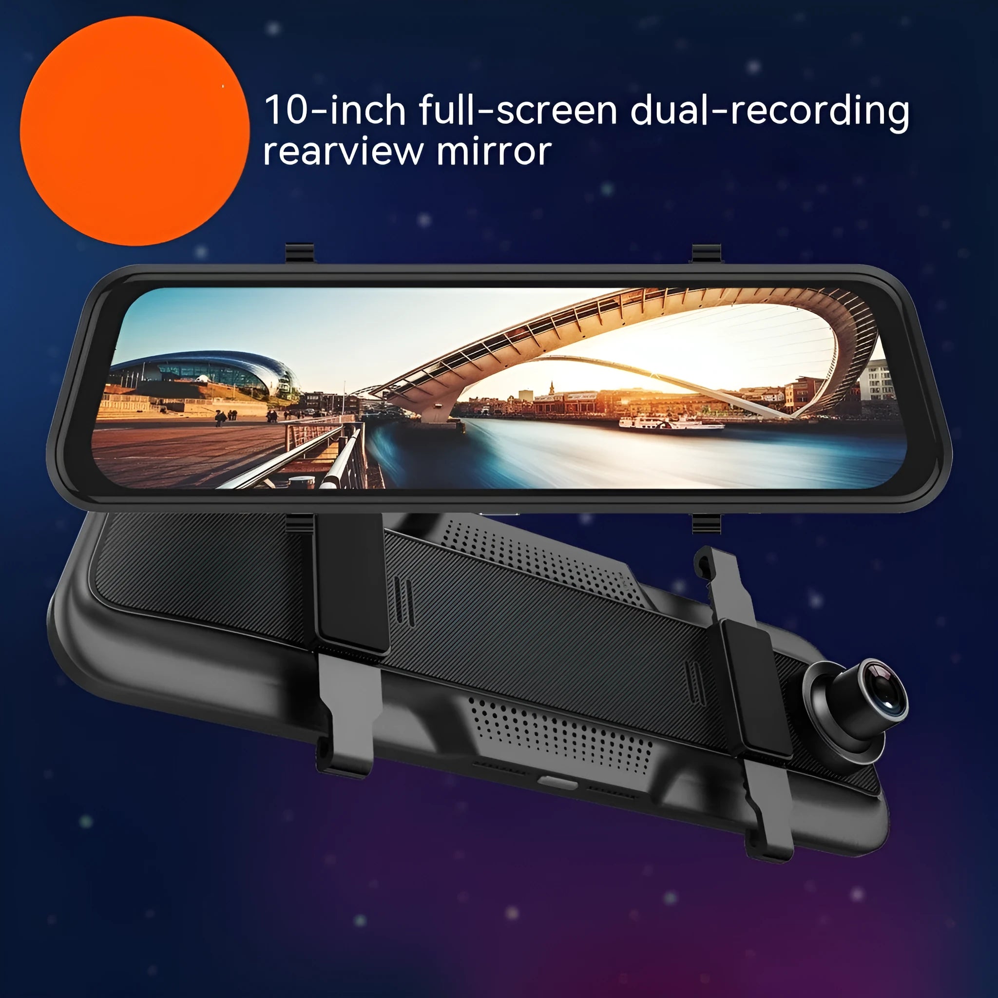 Black rearview mirror driving recorder with 10-inch touch screen display mounted in a car.