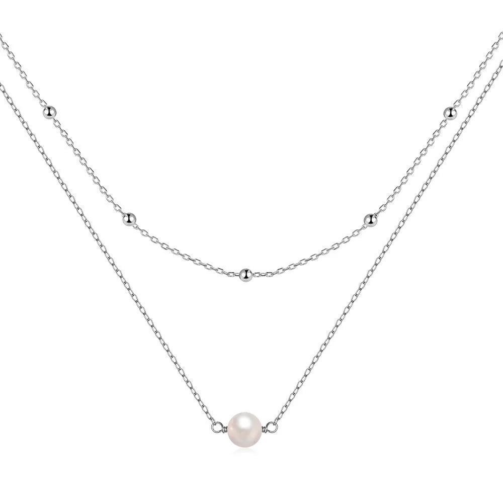 S925 sterling silver double layer necklace with twin pearl elements on ball bead chain